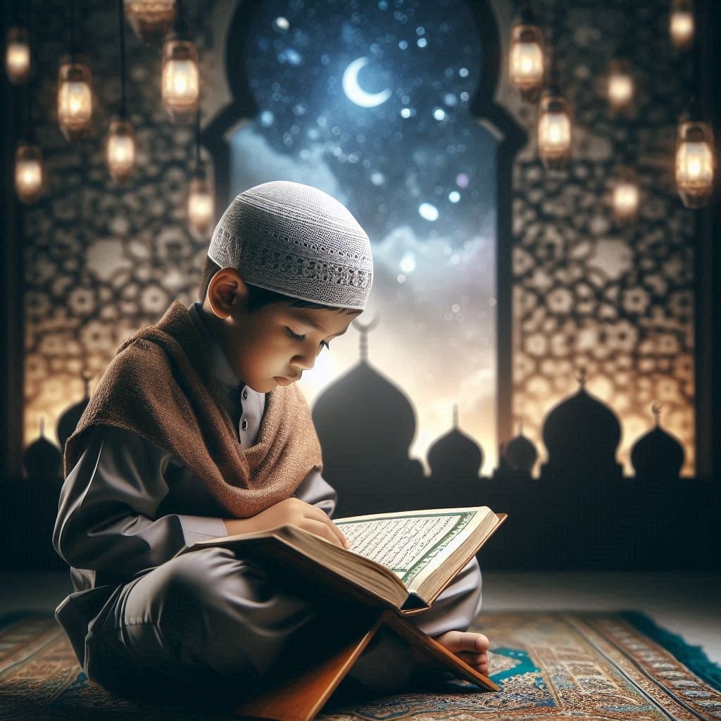 muslim kid reading Quran with tafseer