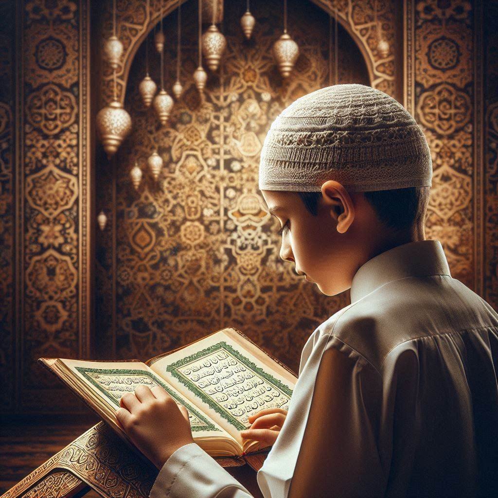 muslim kid reading Quran with tajweed