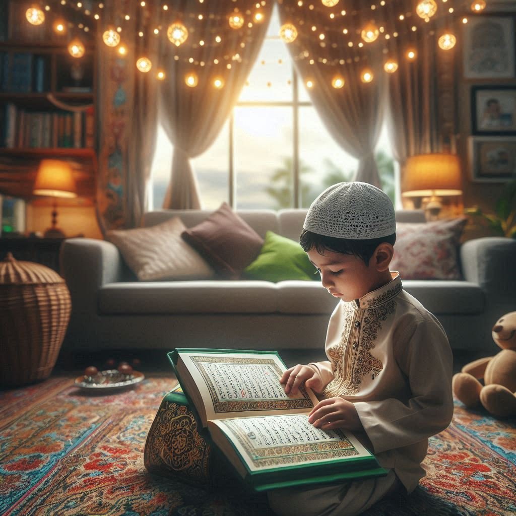 muslim kid reading Quran with translation